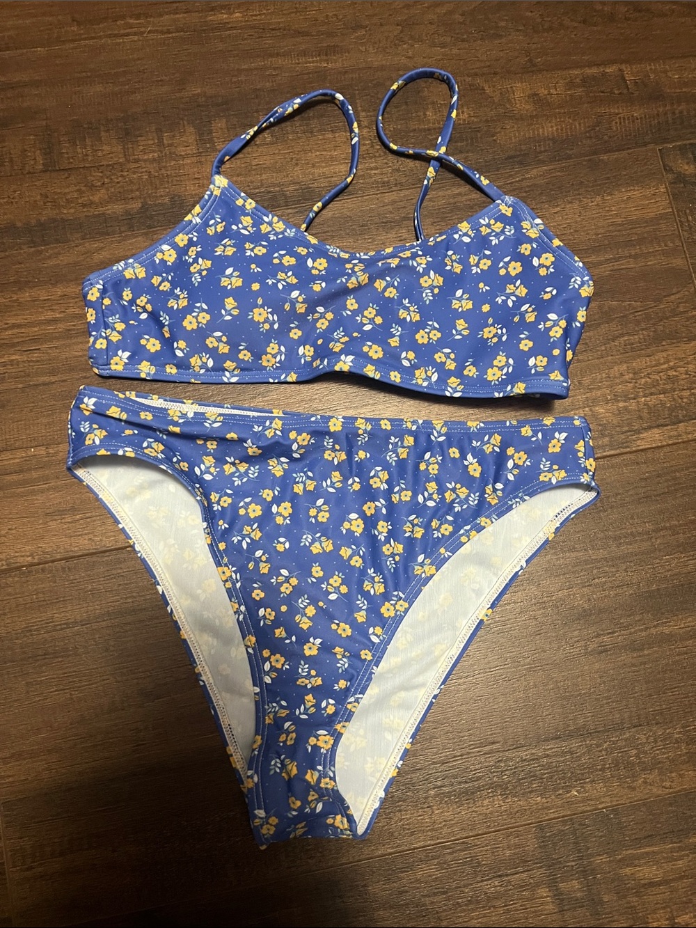 Blue Floral Women's Bikini Set with Yellow Accent